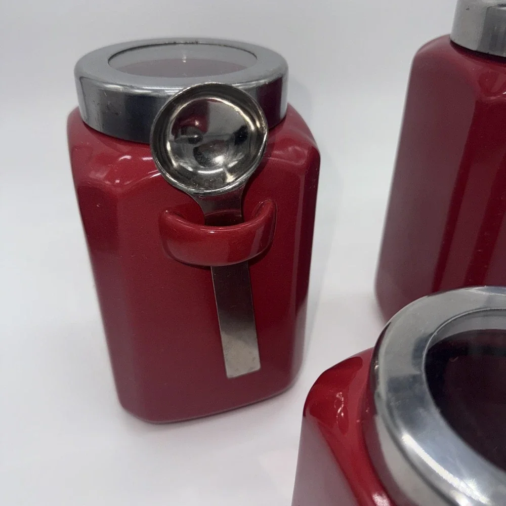 Set of 3 Red/Silver Mainstay Canisters With Spoons